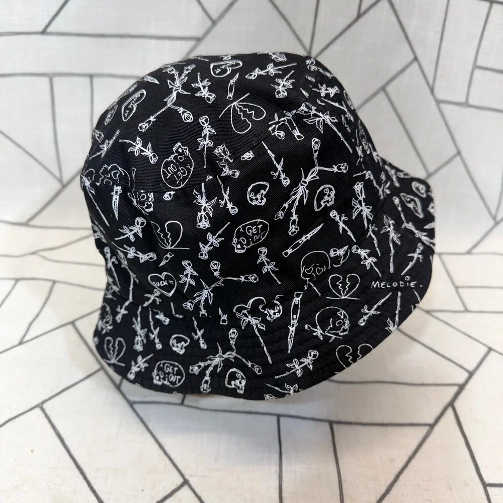 Melodie Perrault Bucket Hat OS Black‎ White Doodle Skull Rose Punk Streetwear